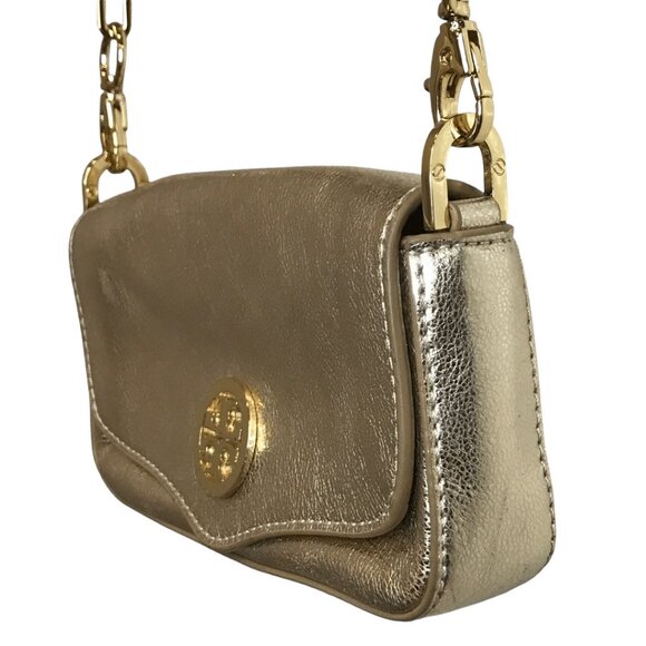TORY BURCH - Distressed Metallic Gold Leather Mini Chain Clutch/ Crossbody Purse - Picture 10 of 16